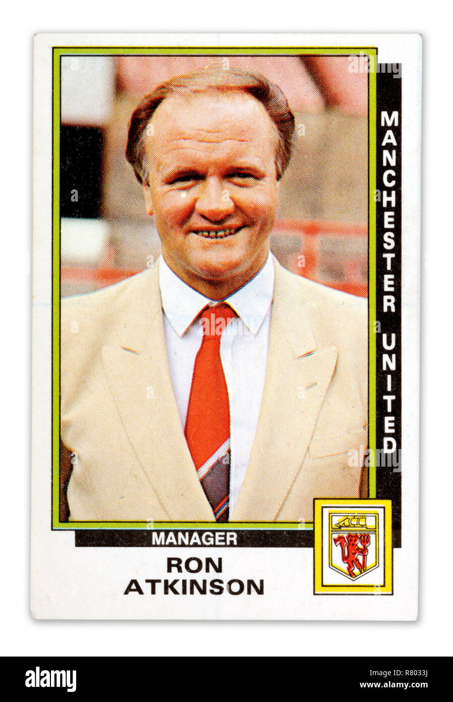 Ein Panini football player Card mit Ron Atkinson bei Manchester United Stockfoto
