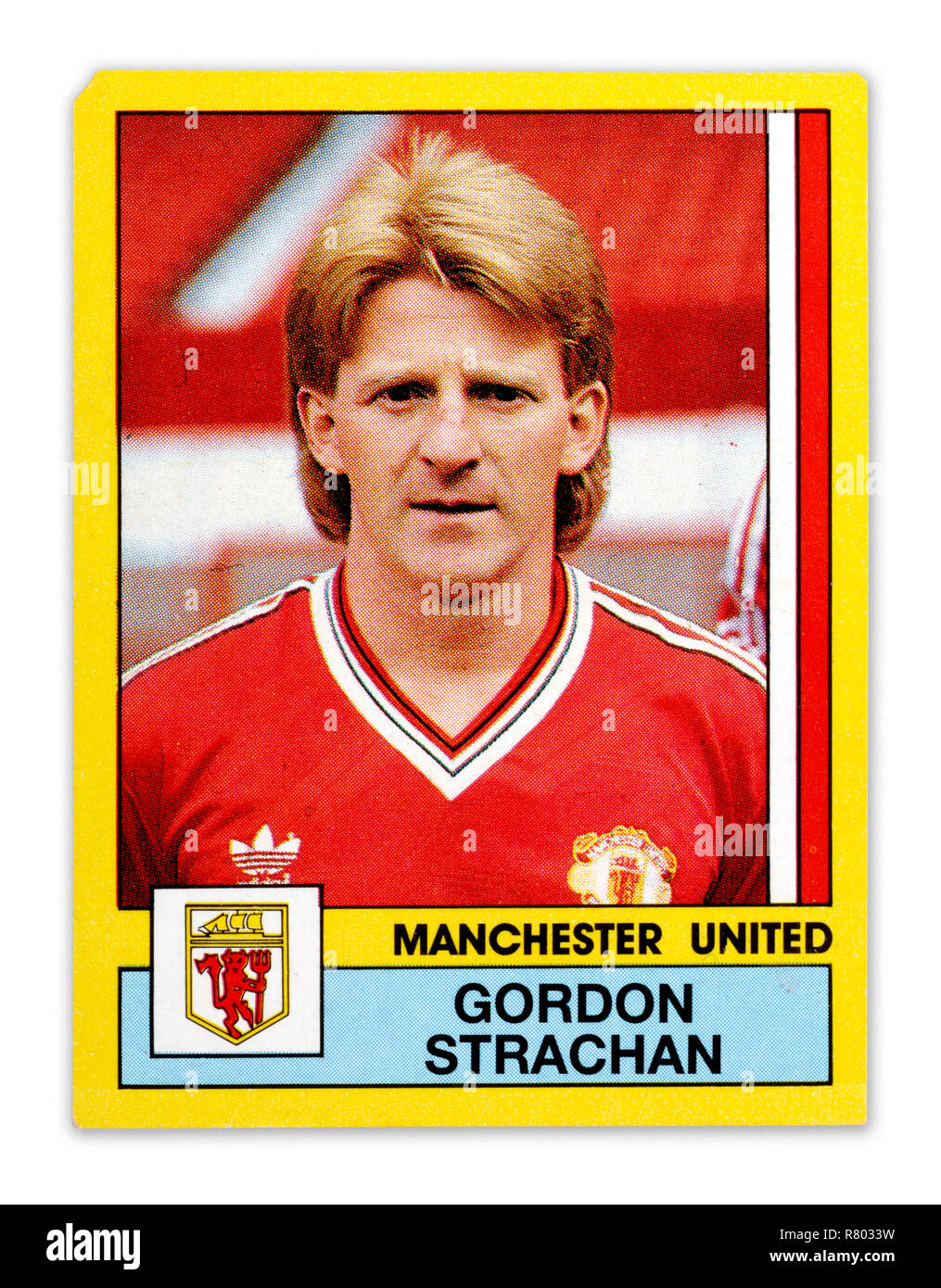 Ein Panini football player Card mit Gordon Strachan Spielen für Manchester United Stockfoto