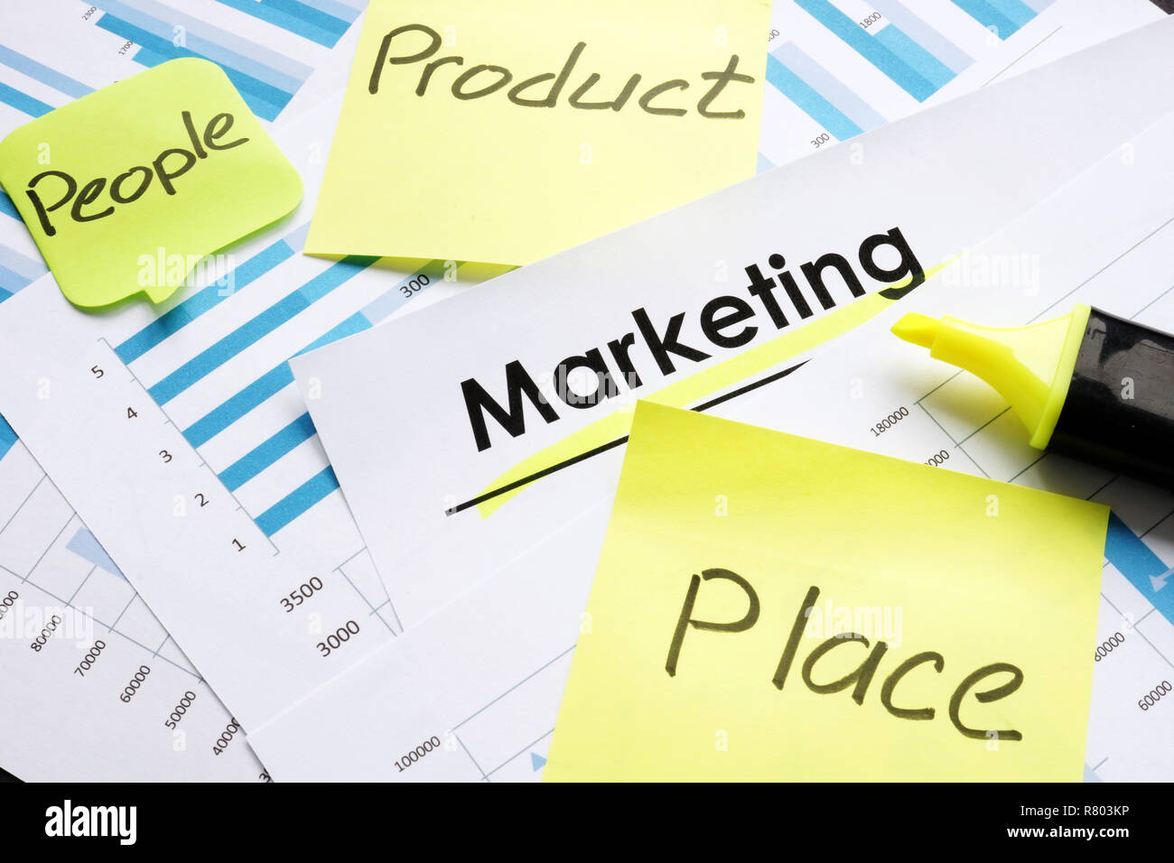 Marketing Bericht und Sticks mit Worten Produkt Menschen Förderung. Stockfoto