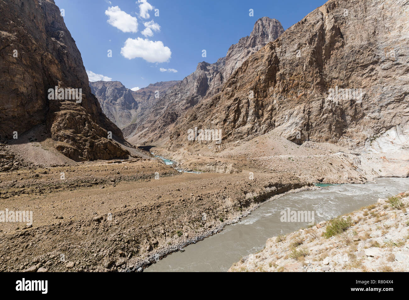 Grenzfluss Panj River in Wakhan Valley mit Tadschikistan und Afghanistan Stockfoto