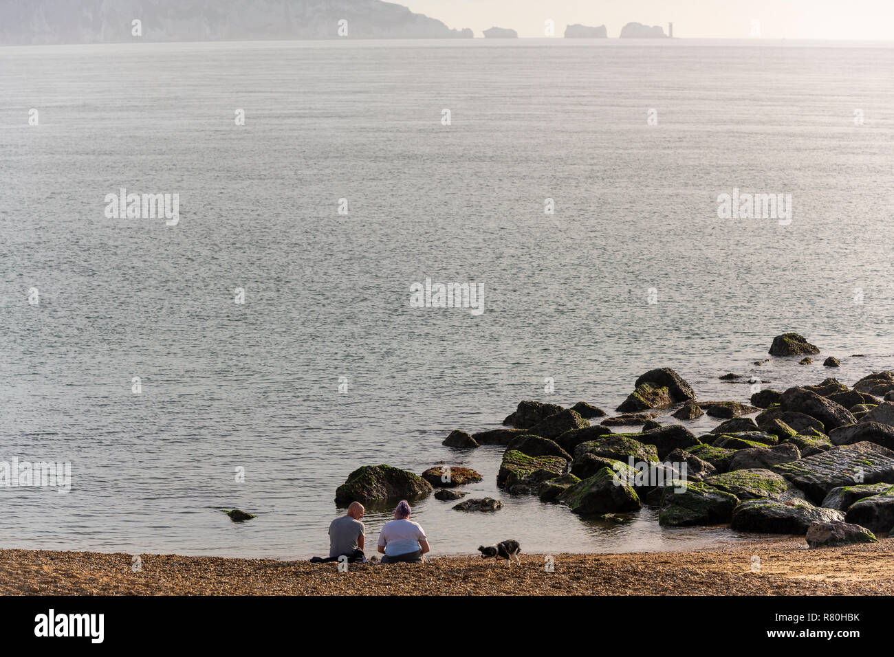 Keyhaven, England - Oktober 24, 2018: Die Menschen am Strand im sand sitzen mit Hund und im Hintergrund der Leuchtturm von Isle of Wight, England Stockfoto