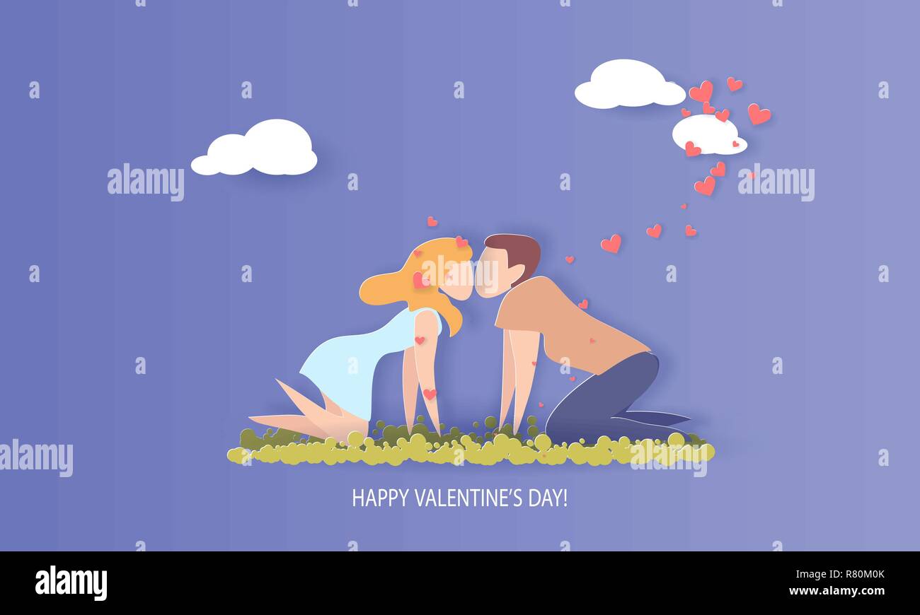 Valentines Tag Karte mit Paar in Liebe küssen Innern der Herzen auf grünem Gras. Vektor Papier art Illustration. Papier geschnitten und Handwerk Stil. Stock Vektor