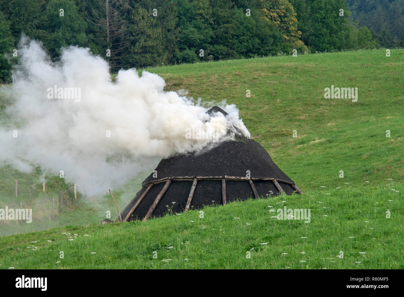 Rauchen Holzkohle Flor. Bayern, Deutschland Stockfoto