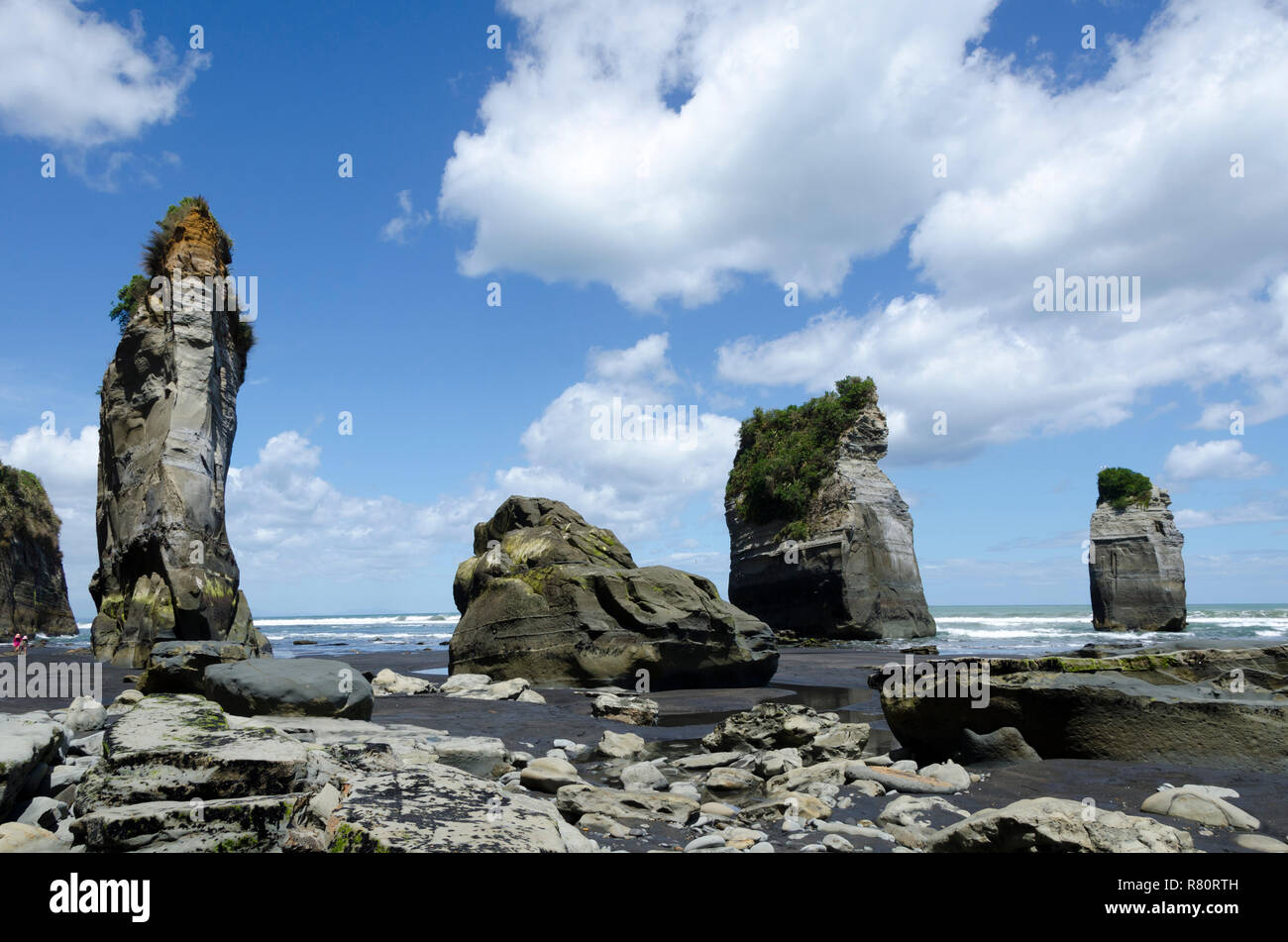 Rock Säulen, drei Schwestern, Tongaporutu, Taranaki, North Island, Neuseeland Stockfoto