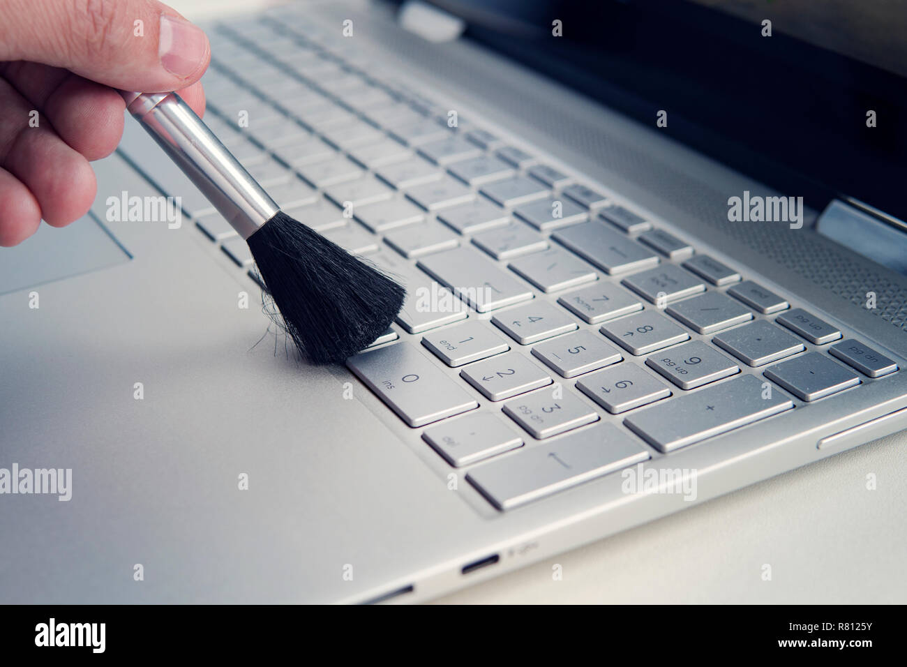 Reinigung und Pflege computer., Reinigung der Tastatur des modernen Grau ultrabook Transformator mit einem schwarzen Pinsel von Staub. Stockfoto