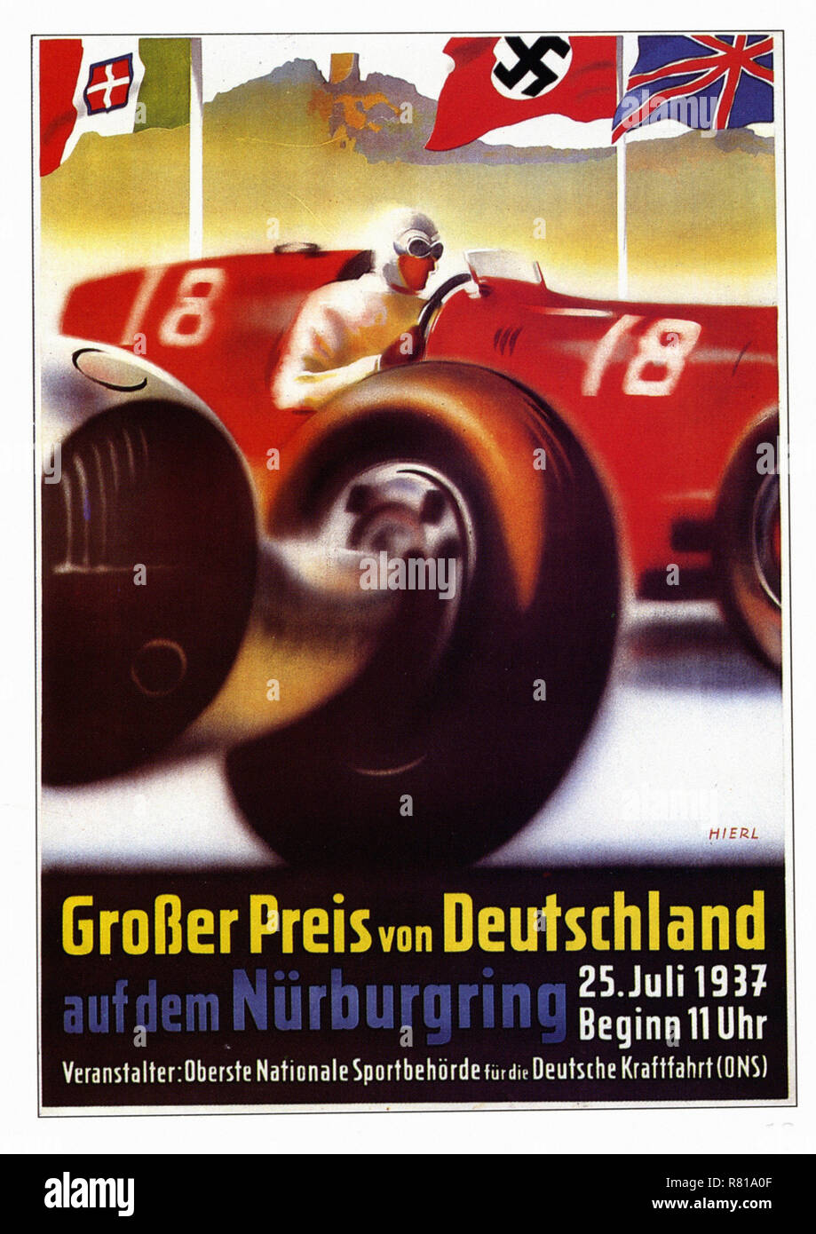 Grosser Preis von Deutschland 1937 - "Oldtimer Werbung Poster Stockfoto