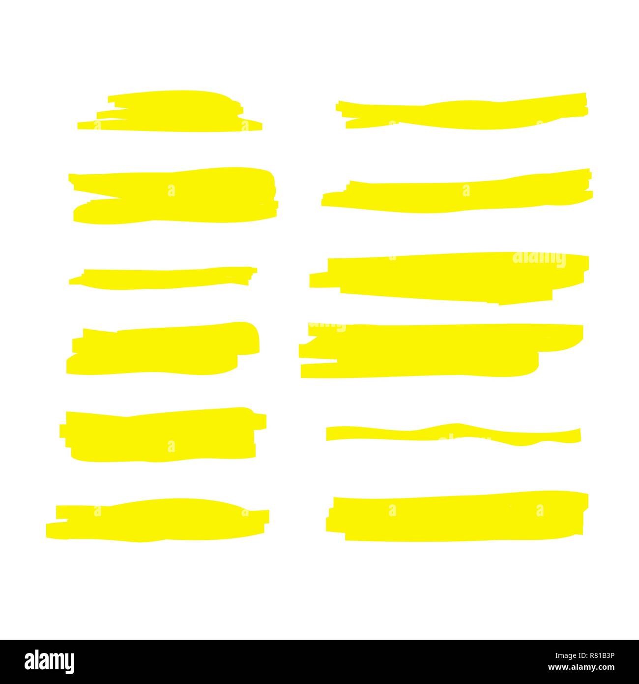 Gelb aquarell Hand gezeichnet Highlight gesetzt. Vektor Textmarker Pinsel Linien. Markierstift markieren Anschläge unterstreichen Stock Vektor