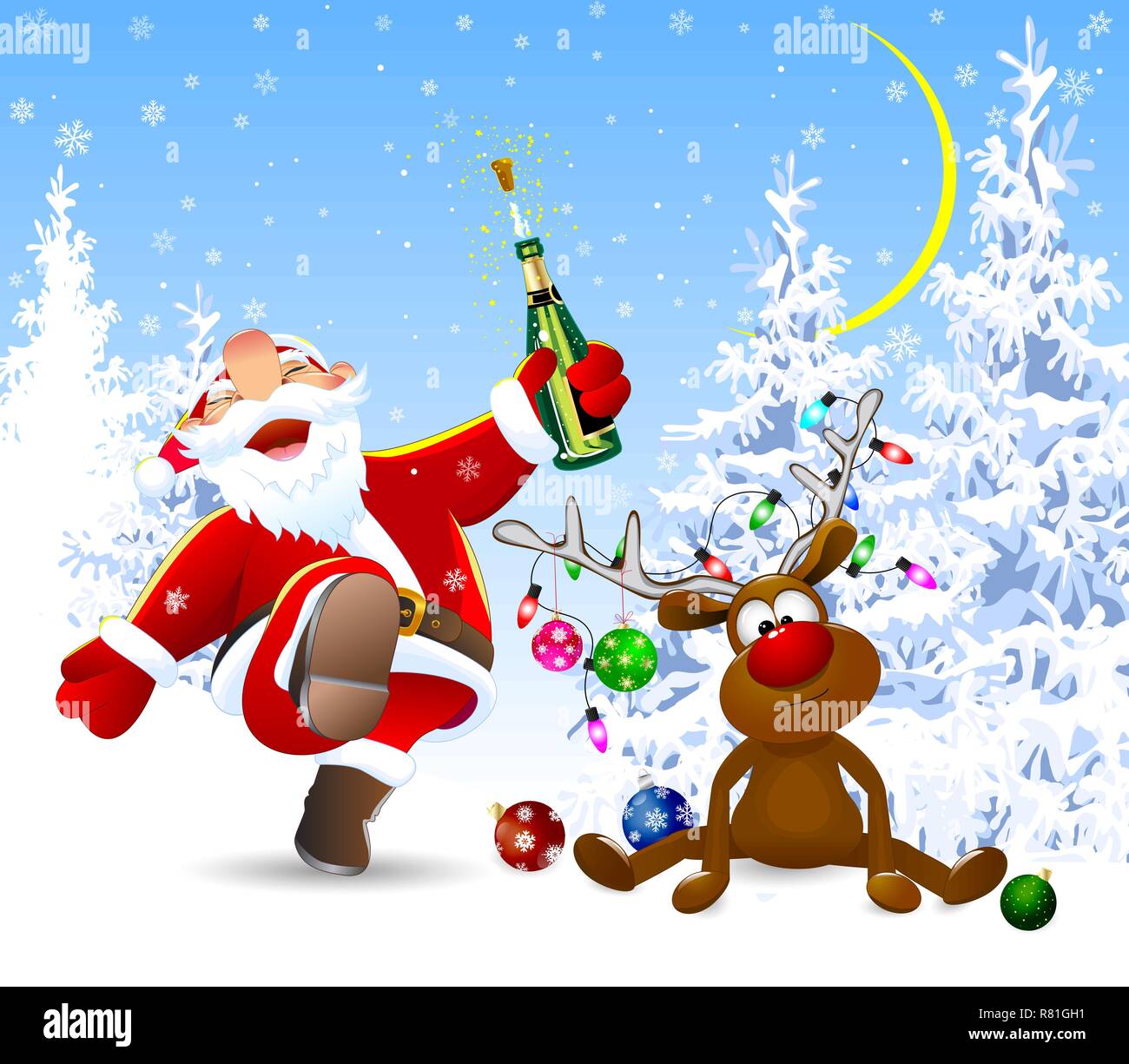 Santa Claus mit einer Flasche in der Hand. Ein Reh mit Weihnachten Kugeln dekoriert, eine Girlande aus Leuchten und einen Bug. Winter Forest. Stock Vektor