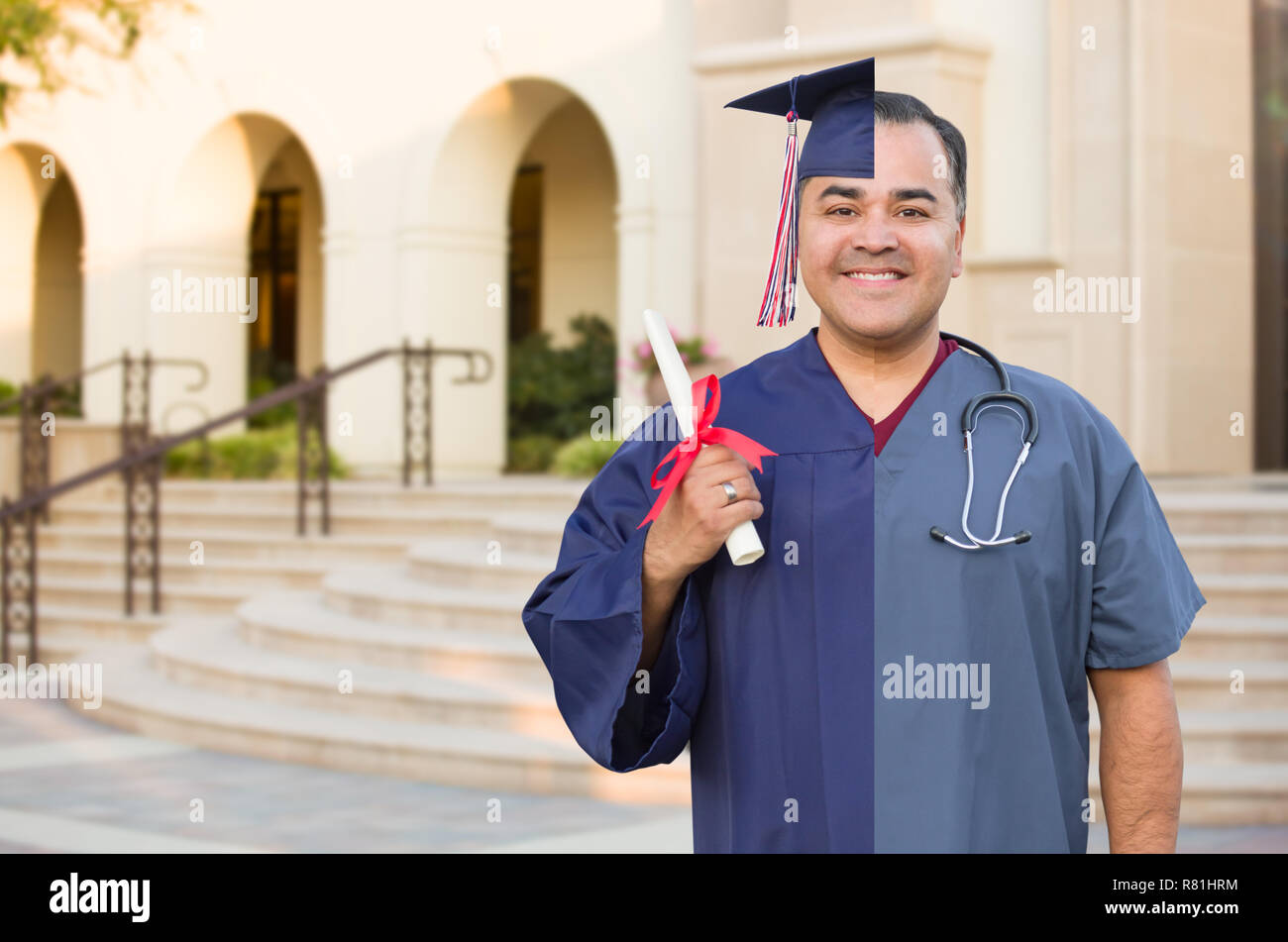 Split Screen der hispanischen Mann als Absolvent und Krankenschwester auf dem Campus oder im Krankenhaus. Stockfoto