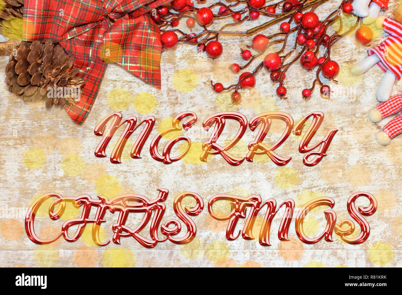 Weihnachten Postkarte Rahmen auf Holz Holz Hintergrund. Für die Grußkarte. Rot, golden und Weiß. Xmas wallpaper. Weihnachtszeit Stockfoto