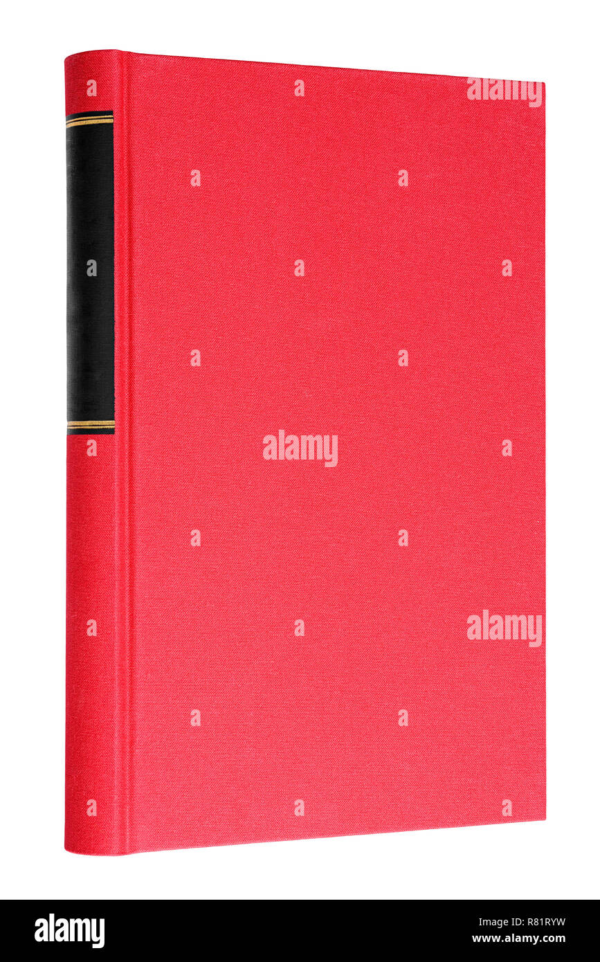 Rotes Buch mit schwarzen Rahmen auf der Wirbelsäule auf weißem Hintergrund Stockfoto