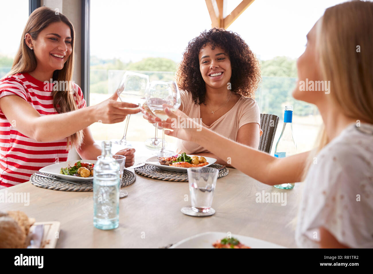 Multi-ethnische Gruppe von drei jungen erwachsenen Frauen einen Toast, Feiern mit Weingläsern während einer Party Stockfoto