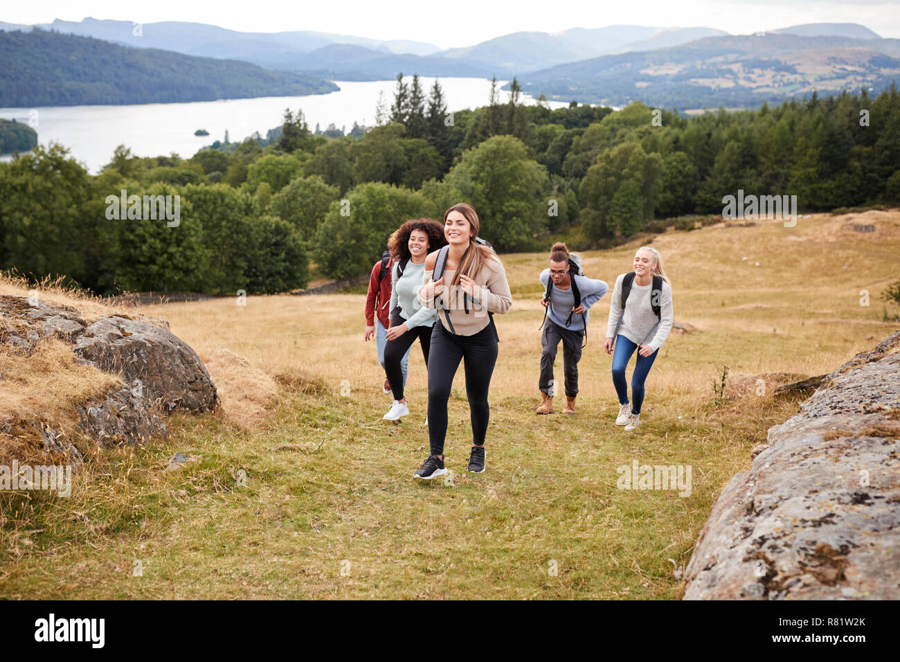 Multi-ethnische Gruppe von fünf jungen Erwachsenen Freunde wandern über ein Feld bergauf zum Gipfel, Vorderansicht Stockfoto