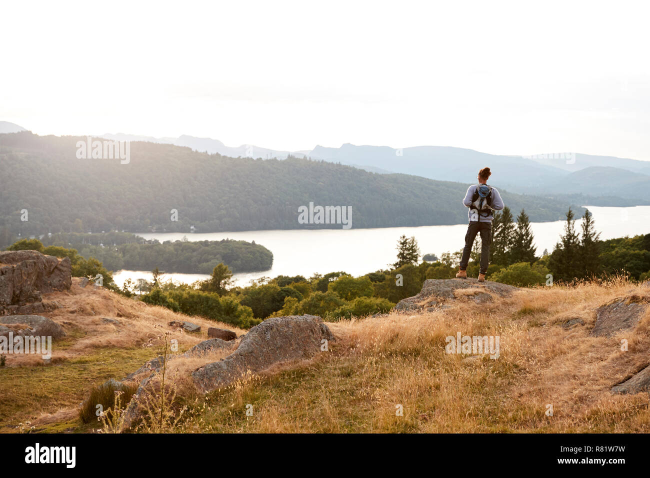 Ein junger gemischter Rasse Mensch allein stehend auf Felsen bewundern, Seeblick, Rückansicht Stockfoto