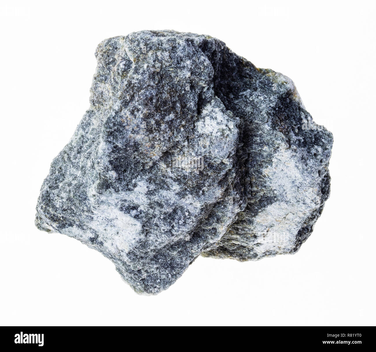 Makrofotografie von natürlichen Mineral aus geologische Sammlung - grobe Talkum - Schiefer (Speckstein) Stein auf weißem Hintergrund Stockfoto