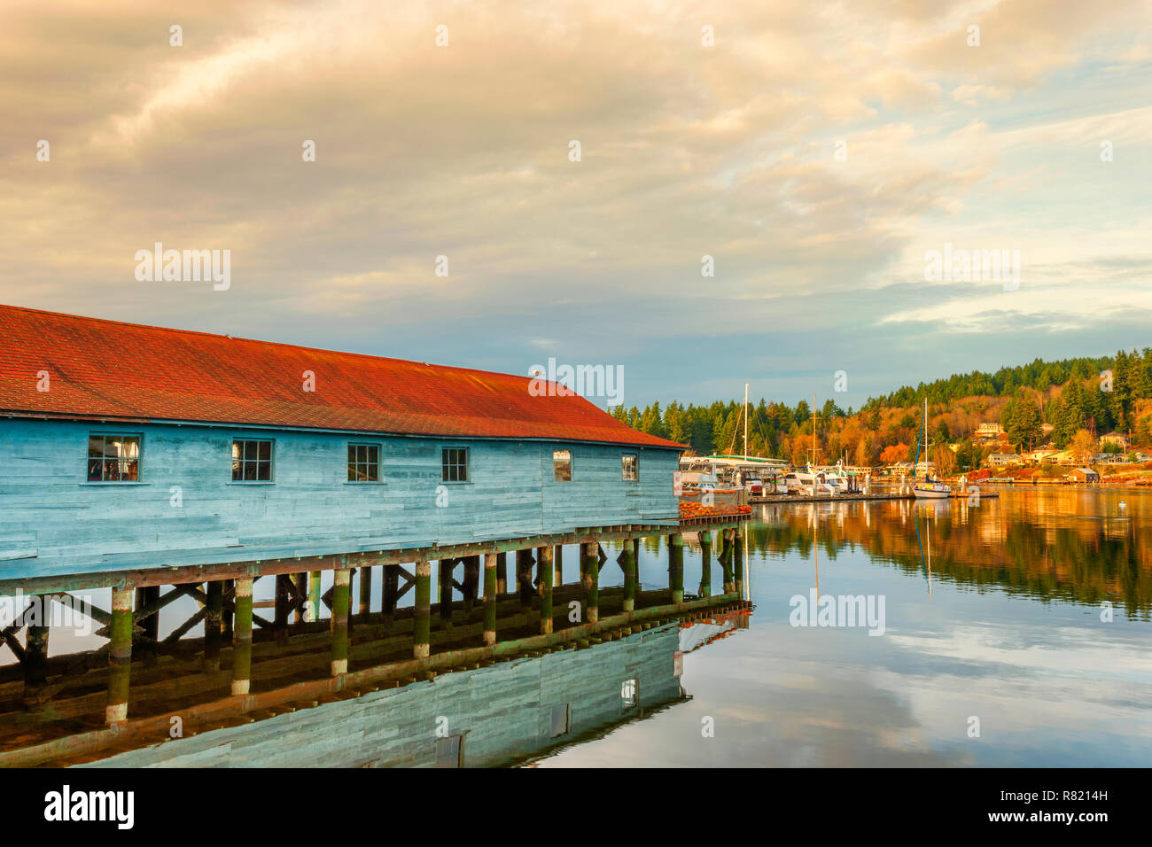 Eine netshed spiegelt sich im stillen Wasser der Puget Sound in Gig Harbor, Washington. Stockfoto