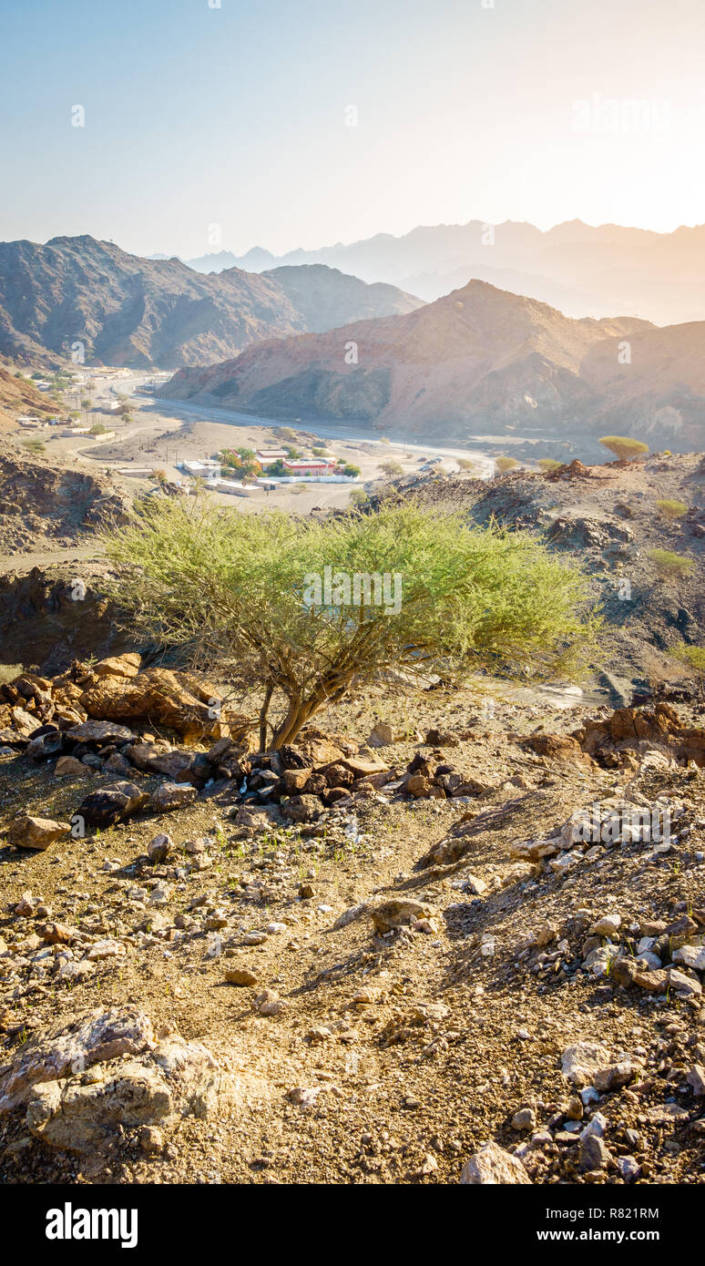 Aussichtspunkt von Al Hajar Berge im Emirat Fujeirah, VAE und einem Dorf in einem Tal Stockfoto