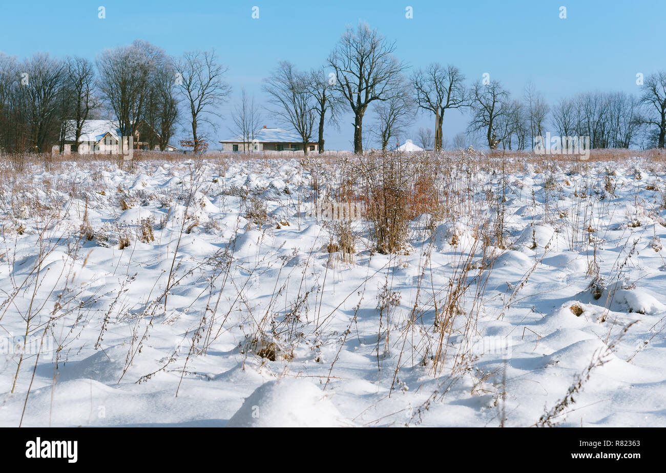 Es schneit, Schnee auf dem Feld, der Schnee auf dem Feld und die Straße in der Ferne Stockfoto