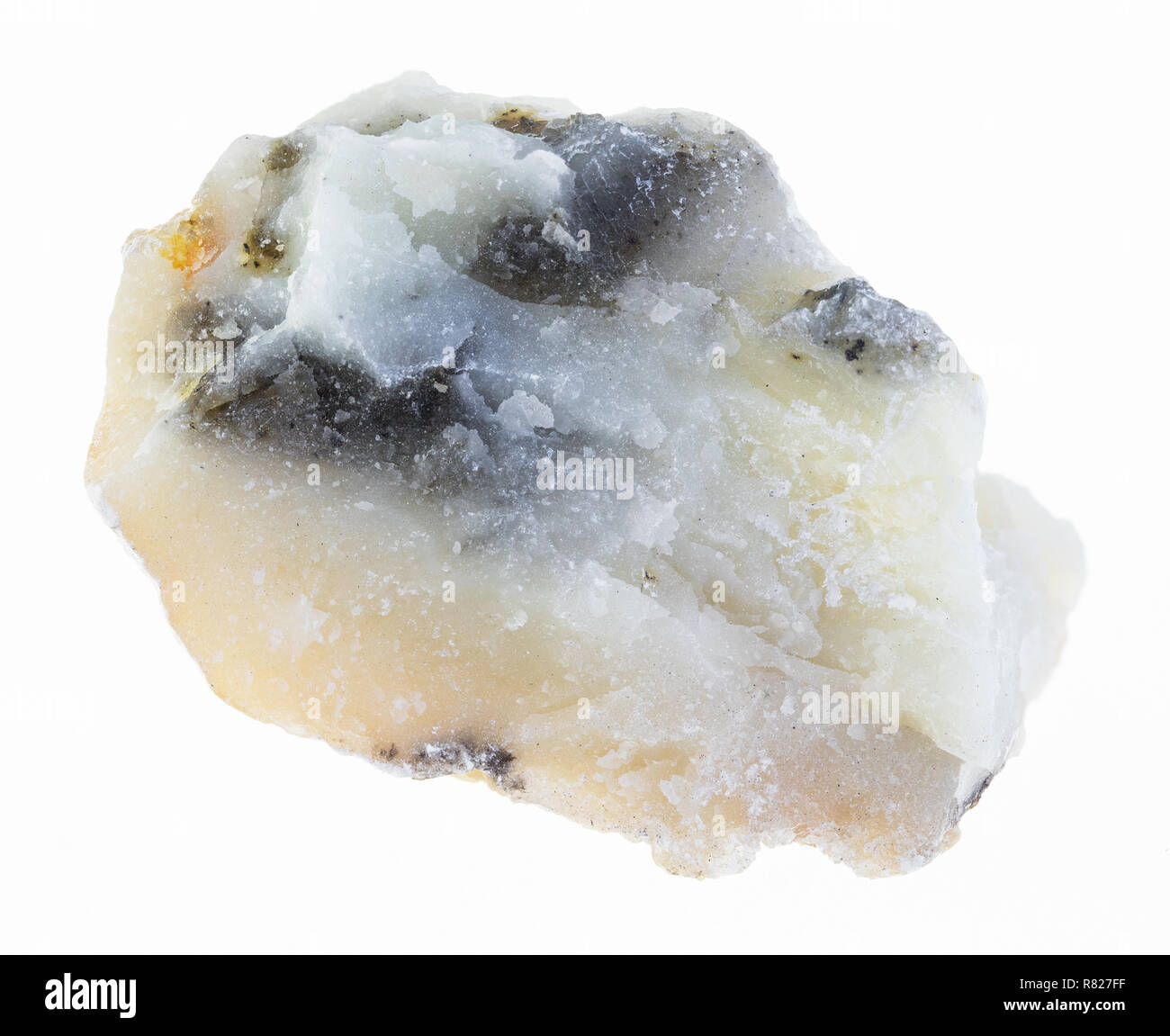 Makrofotografie von natürlichen Mineral aus geologische Sammlung - raw Talkum Stein auf weißem Hintergrund Stockfoto