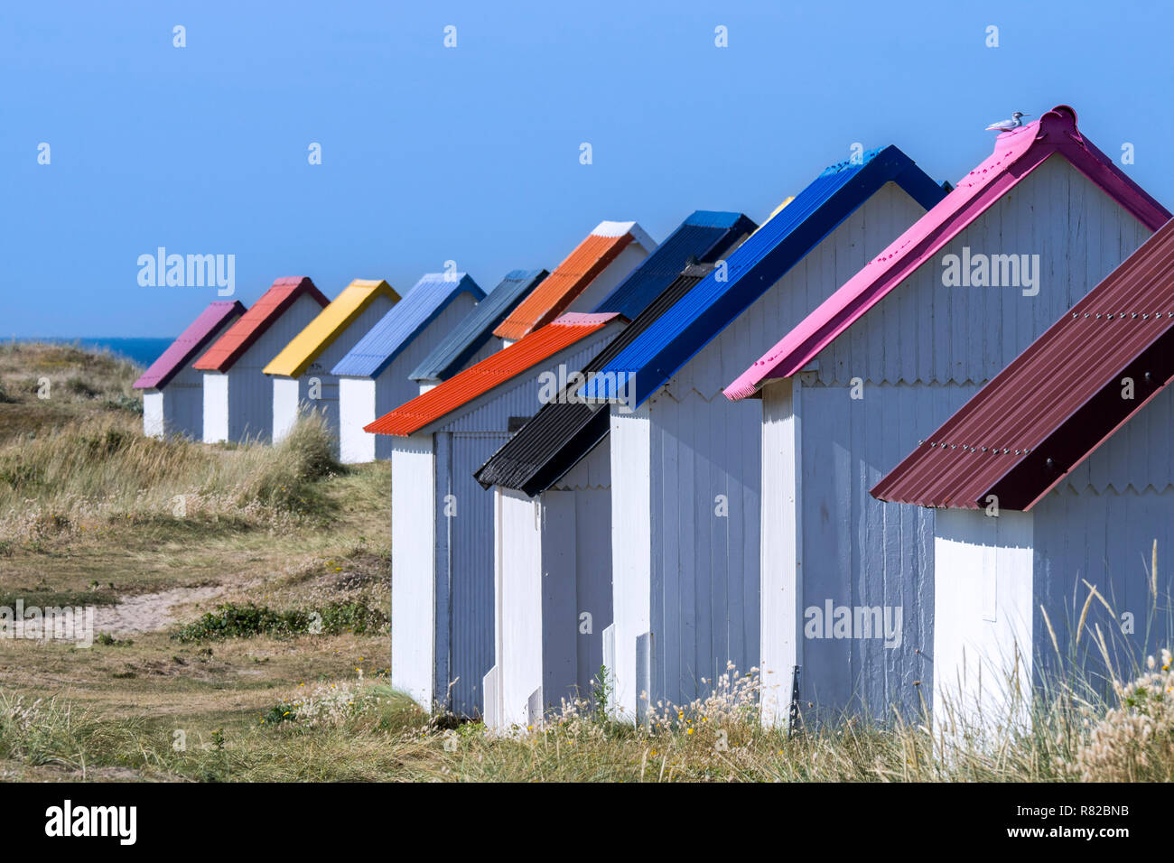 Reihe von bunten Beach Cabins in den Dünen bei Gouville-sur-Mer, Languedoc-Roussillon, Frankreich Stockfoto