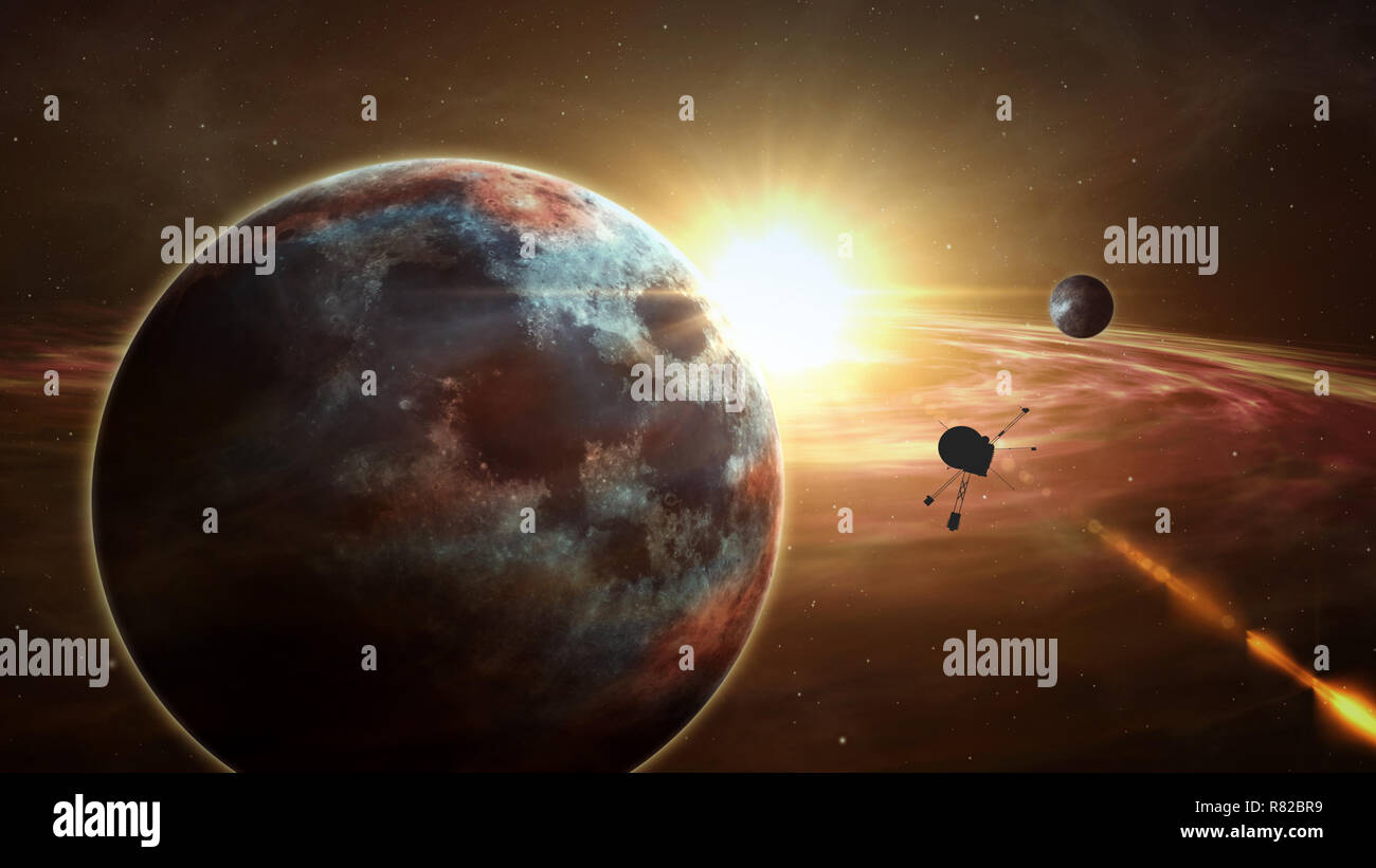 Raumsonde umkreisen und fernen Sonnensystem und Exoplaneten entdecken. Realistische tiefe Kosmos Sat-Reisen Lichtjahre von der Erde 3D-Abbildung. Stockfoto