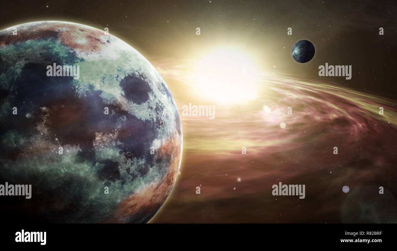 Exoplanet sunrise Flare und Akkretionsscheibe. Realistische 3D-von Sternen, Planeten und Nebel Gaswolken in einer fernen Galaxie. Raumfahrt und Kosmos explorati Stockfoto