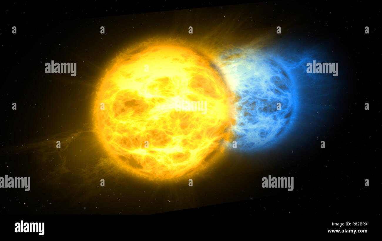 Albireo Sonnensystem mit Doppelstern. Die Erforschung des Weltraums Lichtjahre von der Erde entfernt. Fernen Kosmos Travel Concept 3D-Abbildung. Stockfoto