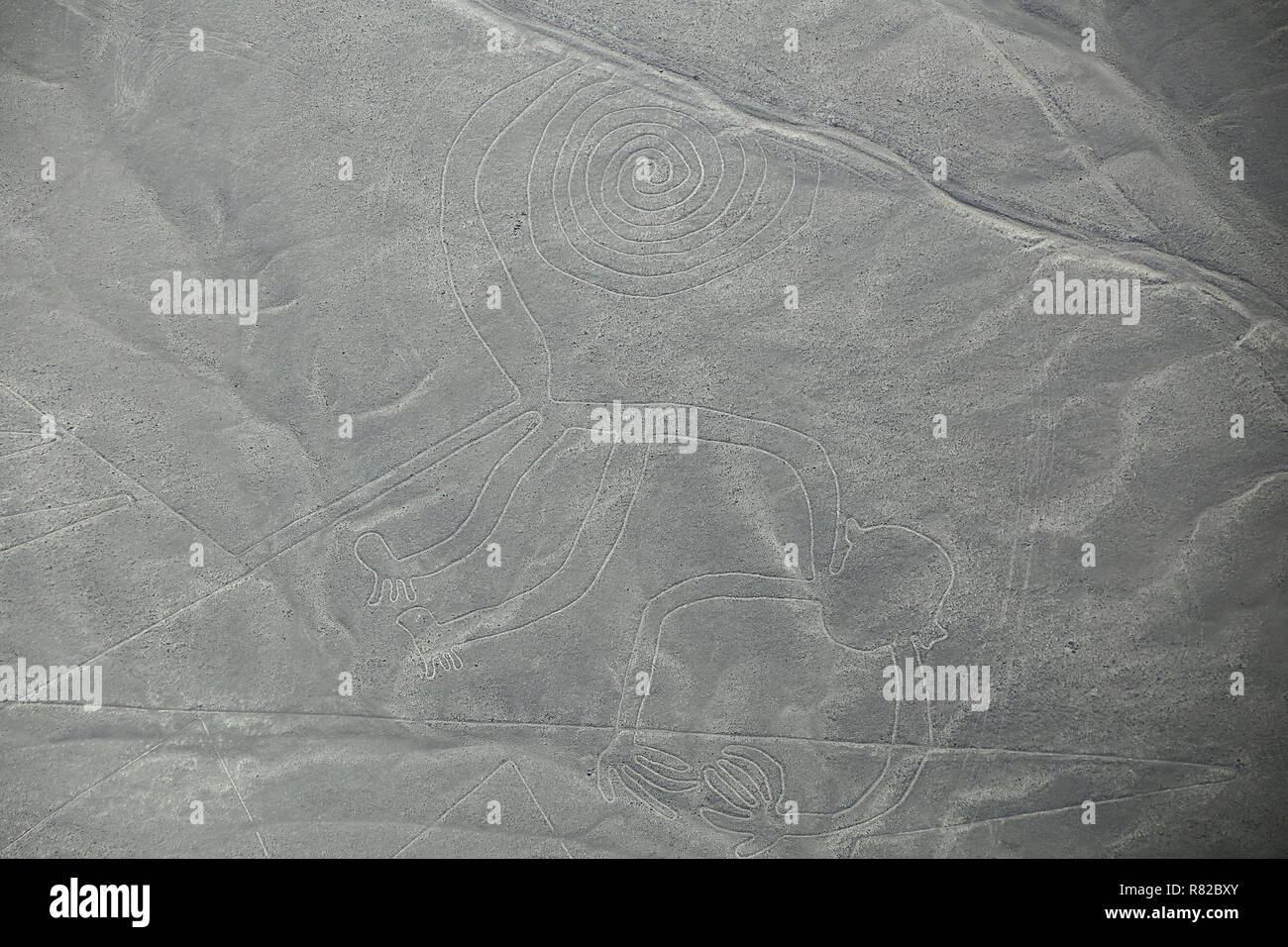 Luftaufnahme von Nazca-Linien - Affe Geoglyph, Peru. Die Linien wurden im Jahr 1994 als UNESCO-Weltkulturerbe ausgewiesen. Stockfoto