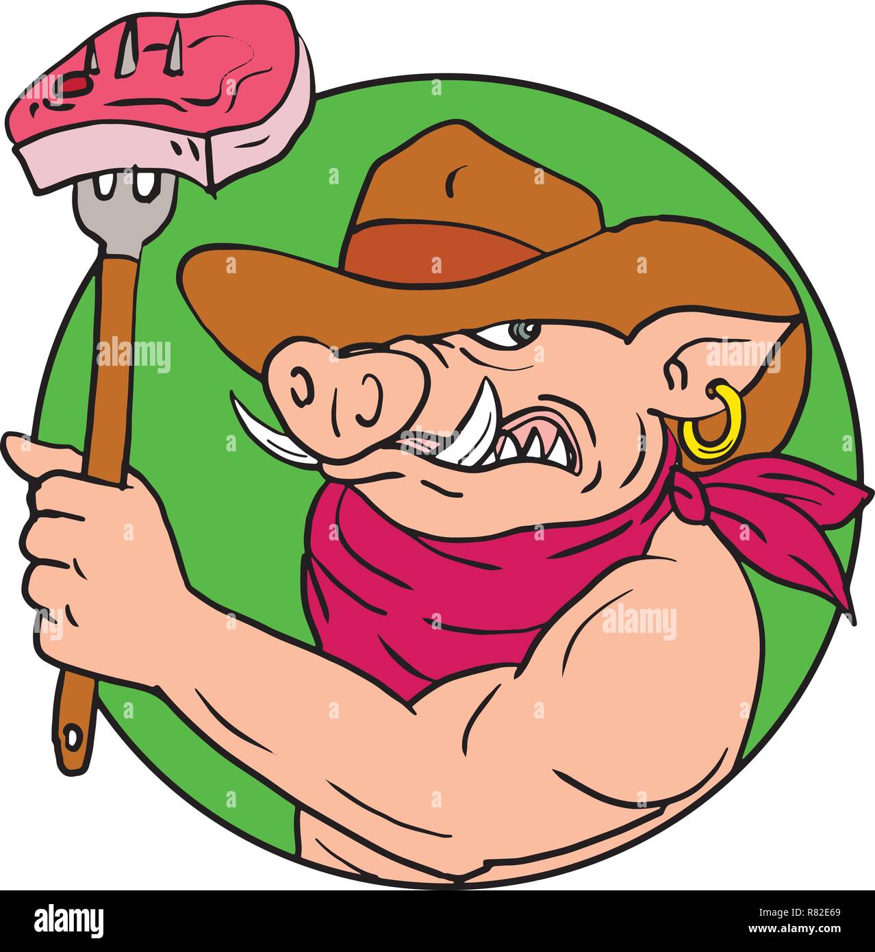 Zeichnung Skizze stil Abbildung: ein Cowboy Schwein, Wildschwein oder Wildschwein Holding eine Gabel mit Grill Steak set innerhalb des Kreises auf isolierten weißen backgr Stock Vektor