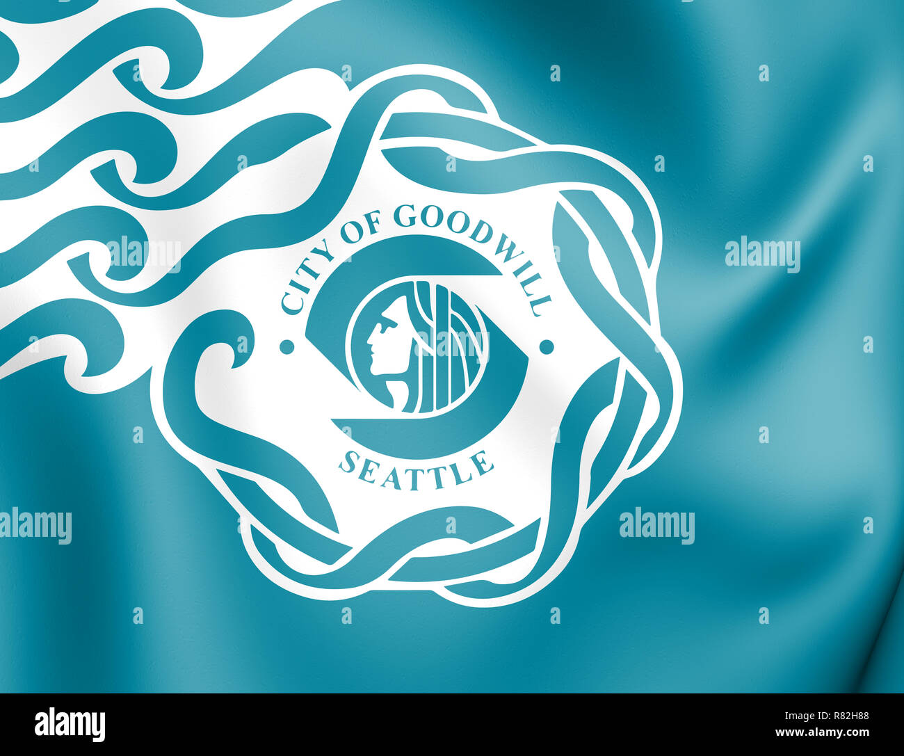 3D Flagge von Seattle (Bundesstaat Washington), USA. 3D Illustration. Stockfoto