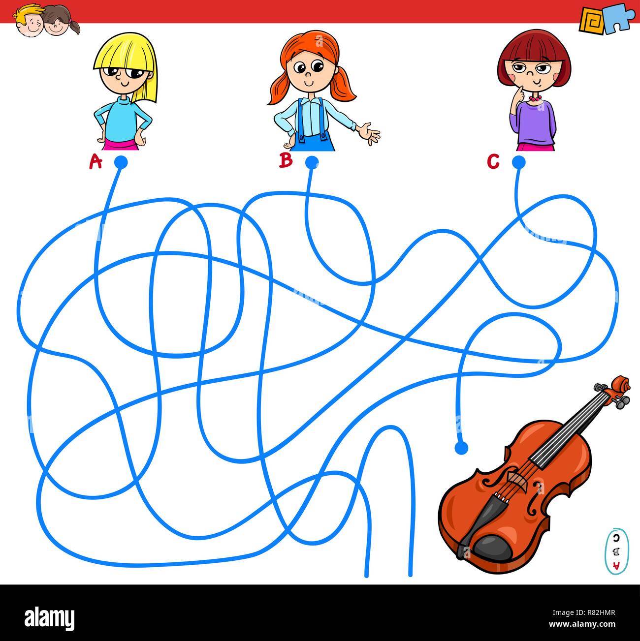 Cartoon Illustration der Bahnen oder Labyrinth Puzzle Spiel mit Mädchen und Violine Stock Vektor