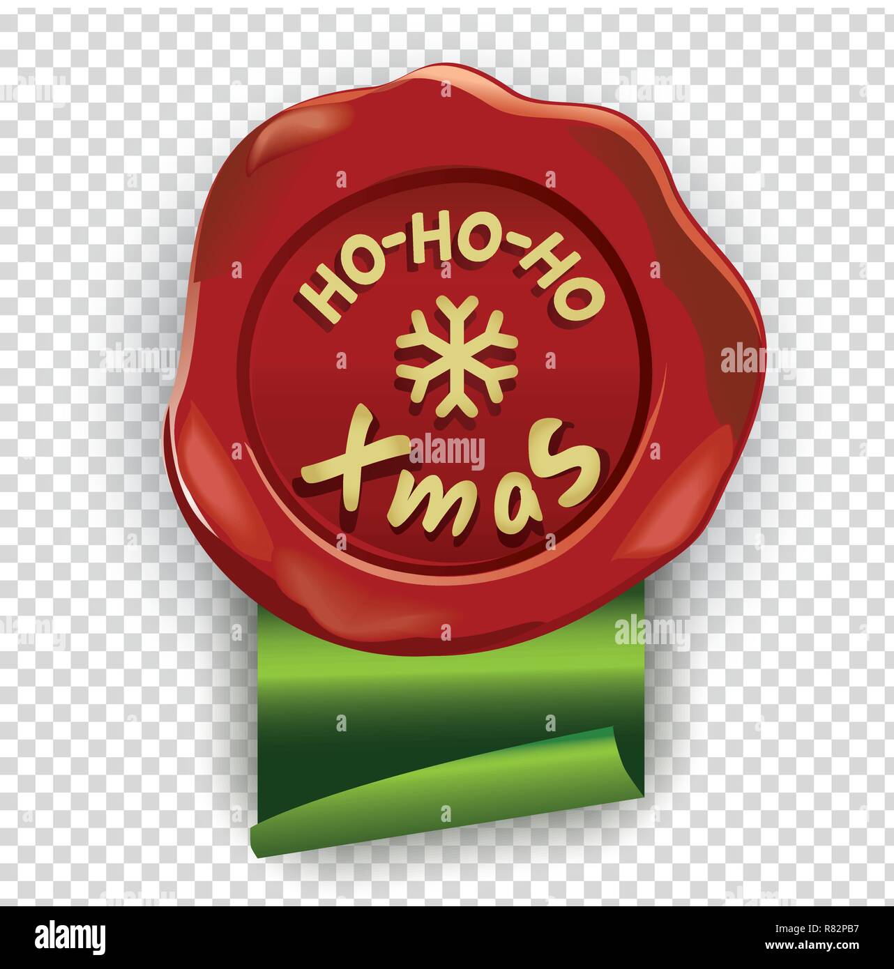 Rote Wafer mit Ho-Ho-Ho Xmas Inschrift und grüne Band auf transperent Hintergrund. Chrismtas Stempel Stock Vektor