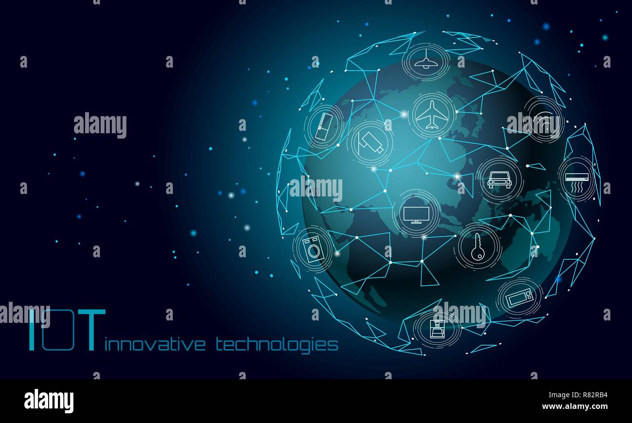 Planet Erde Asien kontinent Internet der Dinge Symbol innovation Technologie Konzept. Drahtlose Kommunikation Netzwerk IOT IKT. Intelligentes System Automation moderne AI Computer online Vector Illustration Stock Vektor