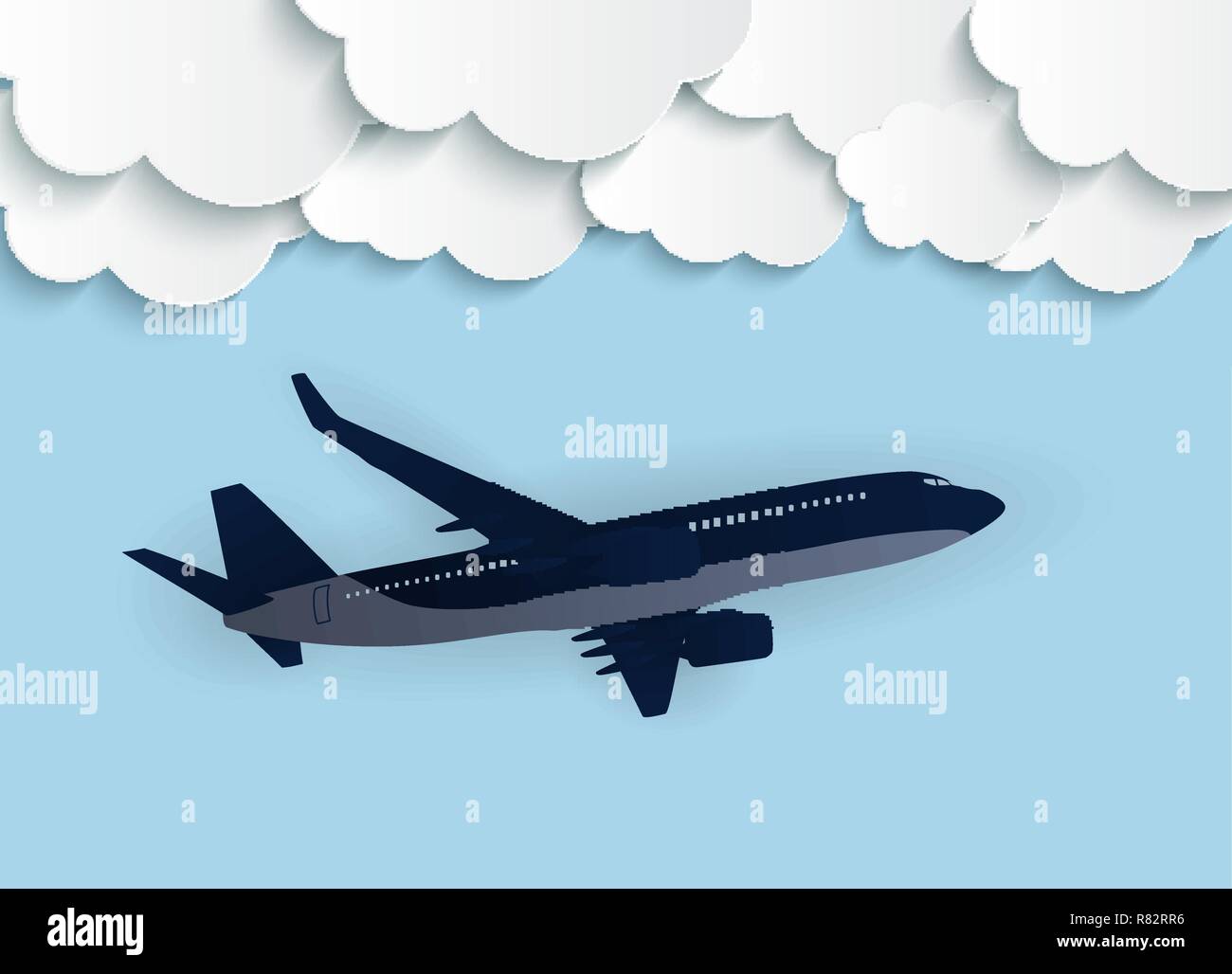 Abstrakte Wolken mit fliegenden realistische 3D-Flugzeug Vector Illustration Stock Vektor