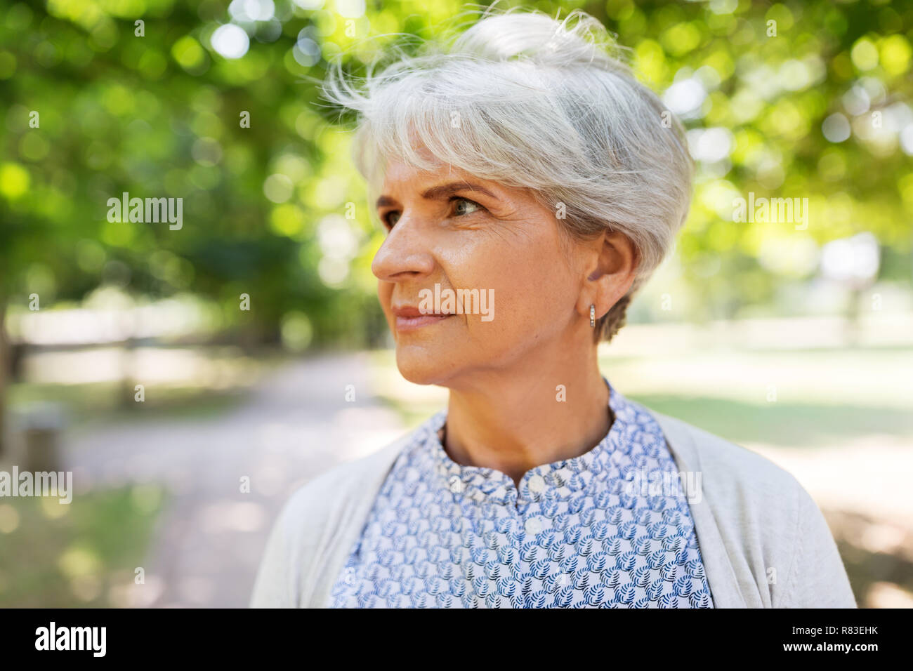Portrait der älteren Frau an Sommer Park Stockfoto