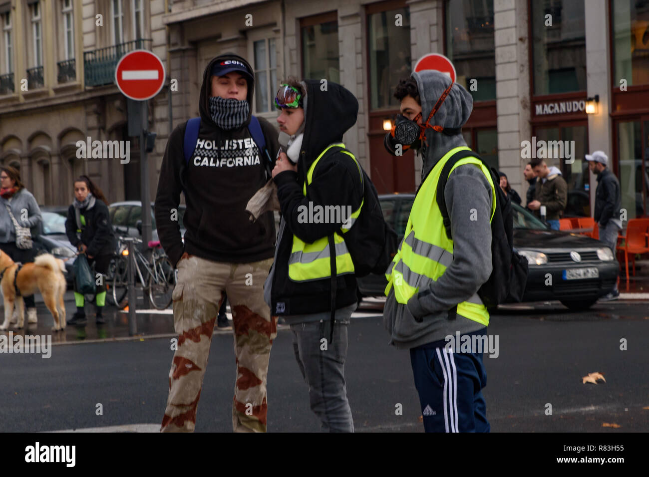 Gelb (gilets Jaunes) Demonstranten, die gegen die Kraftstoffbesteuerung, Regierung, und der französische Präsident Längestrich. Lyon, Frankreich. Stockfoto