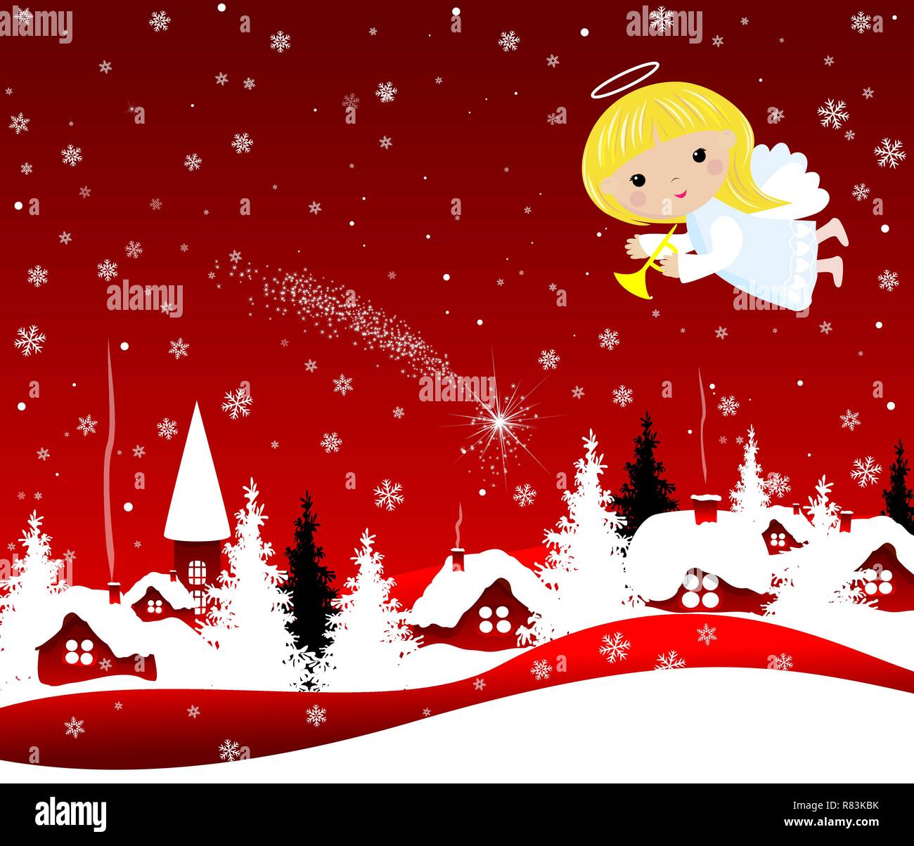 Weihnachten Engel fliegen in den Nachthimmel über das Dorf und die Bäume. Engel auf einem roten Winter Hintergrund mit Schneeflocken. Stock Vektor