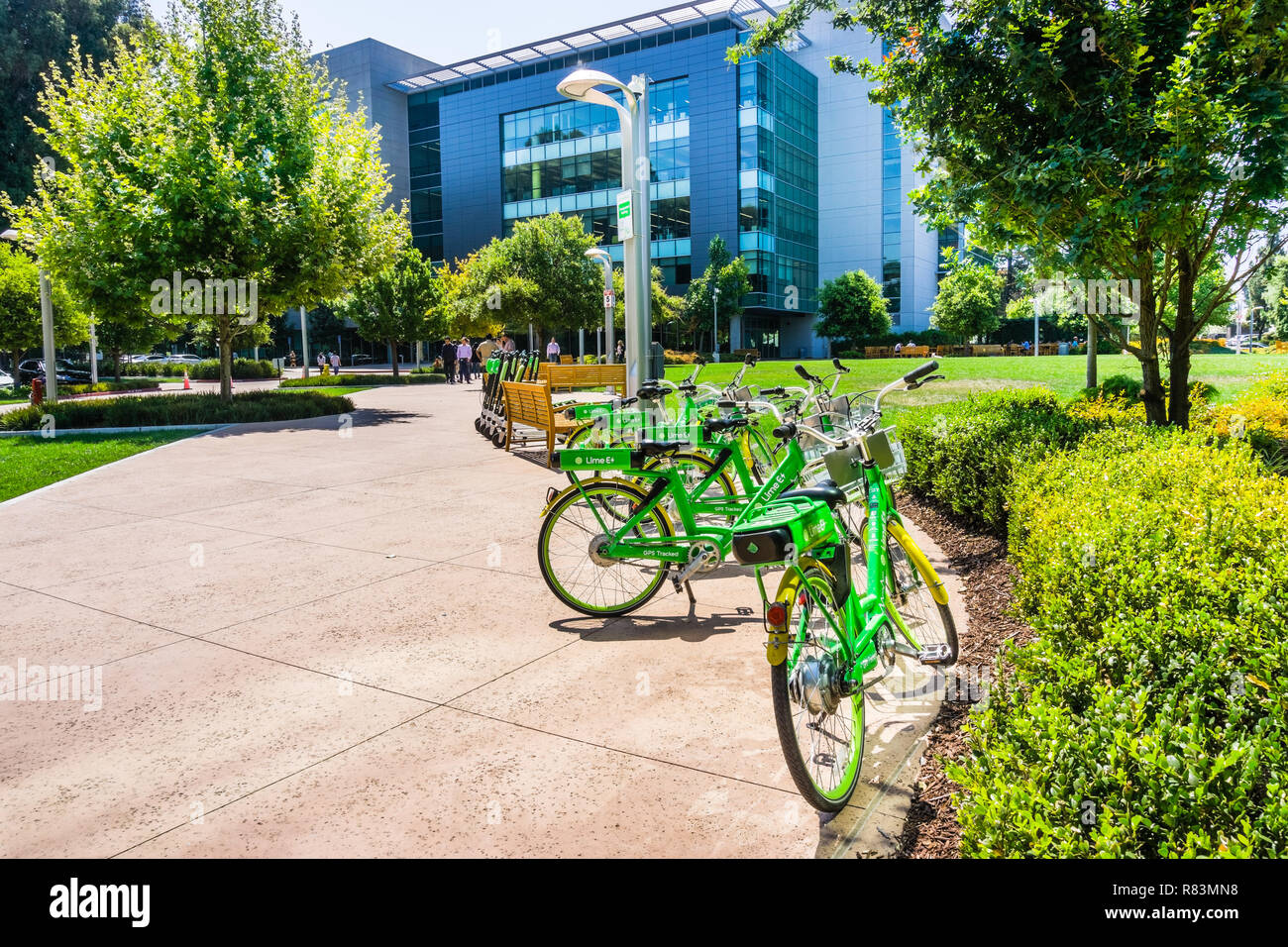 August 9, 2018 Mountain View/CA/USA - Kalk Fahrräder am LimeHub in der Samsung Campus geparkt, Silicon Valley, South San Francisco Bay Area. Stockfoto