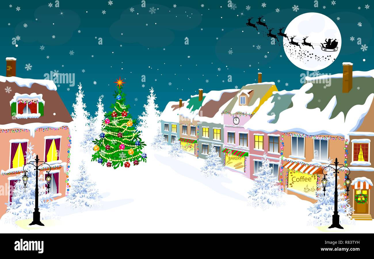 Winter Stadt Landschaft. Weihnachtsmann auf seinem Schlitten auf dem Hintergrund der Mond. Stadt Straße im Winter. Die Häuser sind mit Schnee bedeckt. Schnee auf ein Cit Stock Vektor
