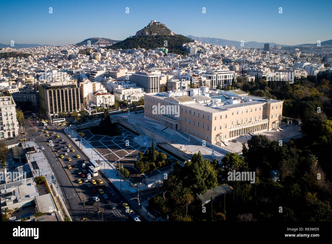 Das griechische Parlament von drohne Stockfoto