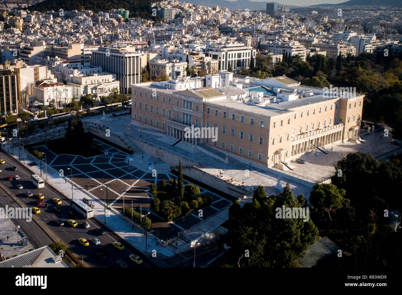 Das griechische Parlament von drohne Stockfoto