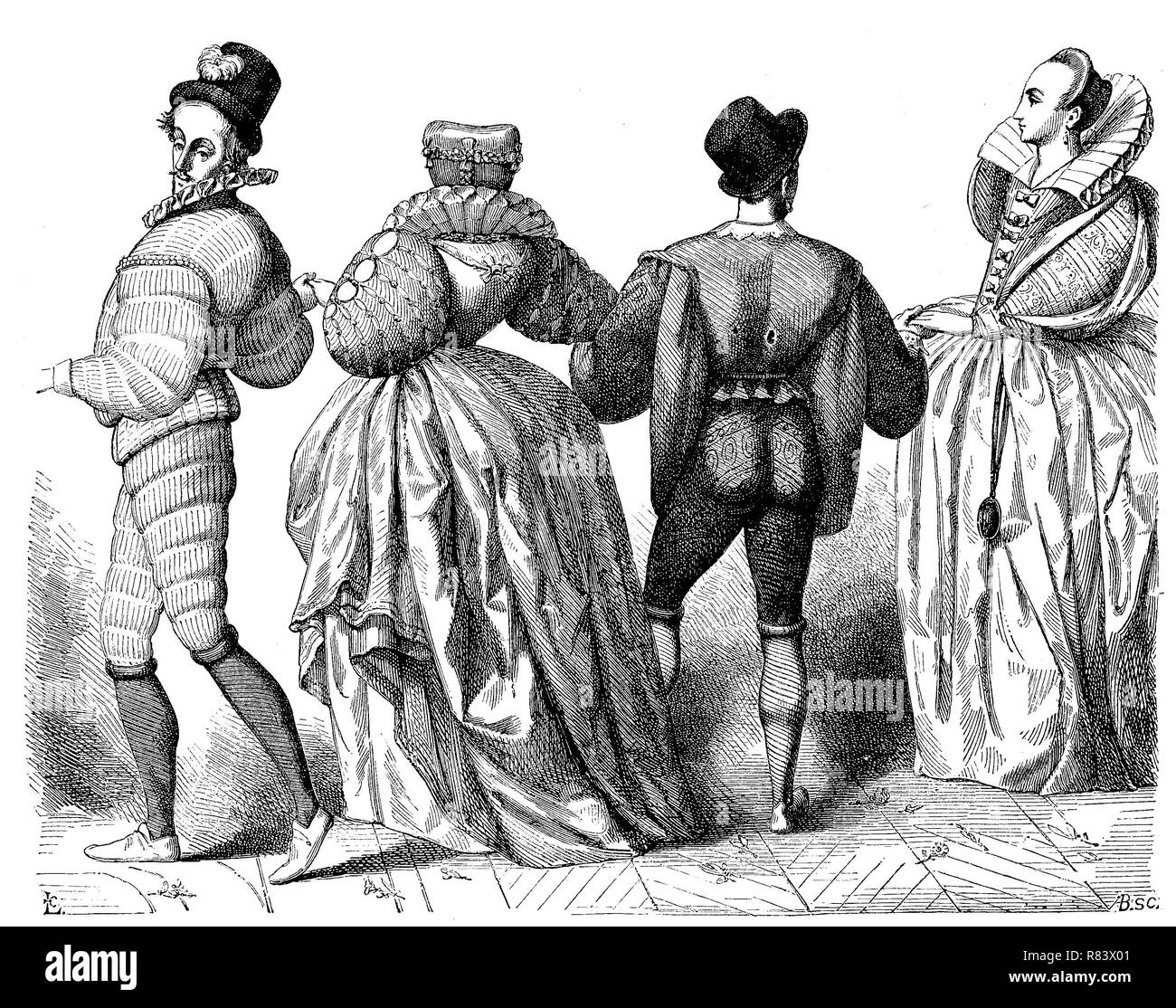 Digital verbesserte Reproduktion, Mode in Frankreich für Männer und Frauen im Jahr 1584, Frankreich, Mode im Jahr 1584 in Erlangen, Herren und Damen, von einer ursprünglichen Drucken aus dem Jahr 1855 sterben Stockfoto