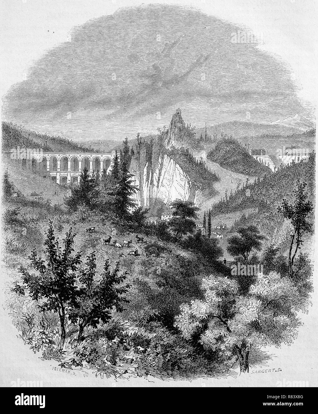 Digital verbesserte Reproduktion, Semmering Eisenbahnbrücke mit der umliegenden Bergwelt, Burg Clam, Oberösterreich, Österreich, von einem ursprünglichen Drucken aus dem Jahr 1855 Stockfoto