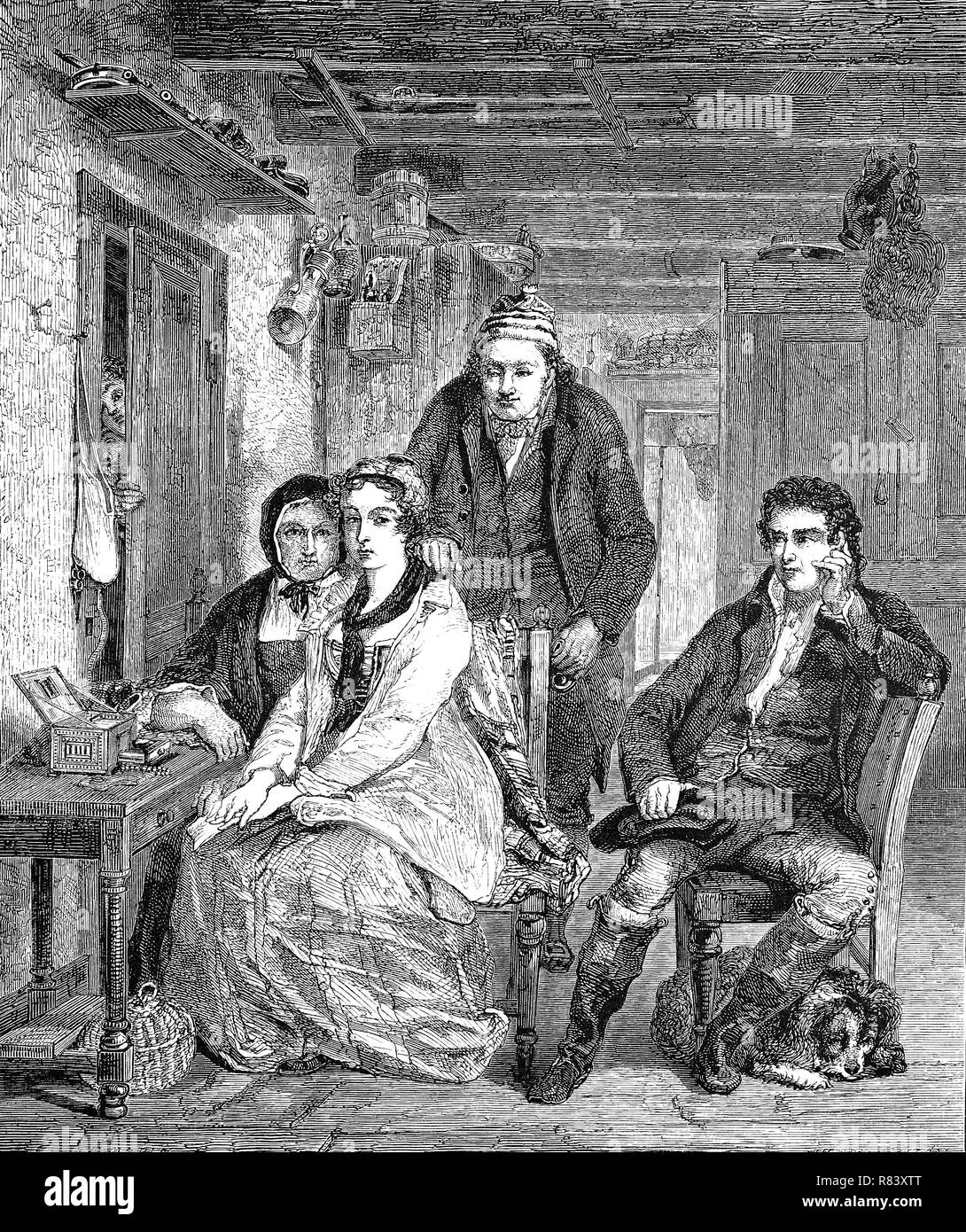 Digital verbesserte Reproduktion, Duncan Grau mit seiner Familie im Wohnzimmer, Frankreich, mit seiner Familie zu Hause, gestorben sind, von einem ursprünglichen Drucken aus dem Jahr 1855 Stockfoto