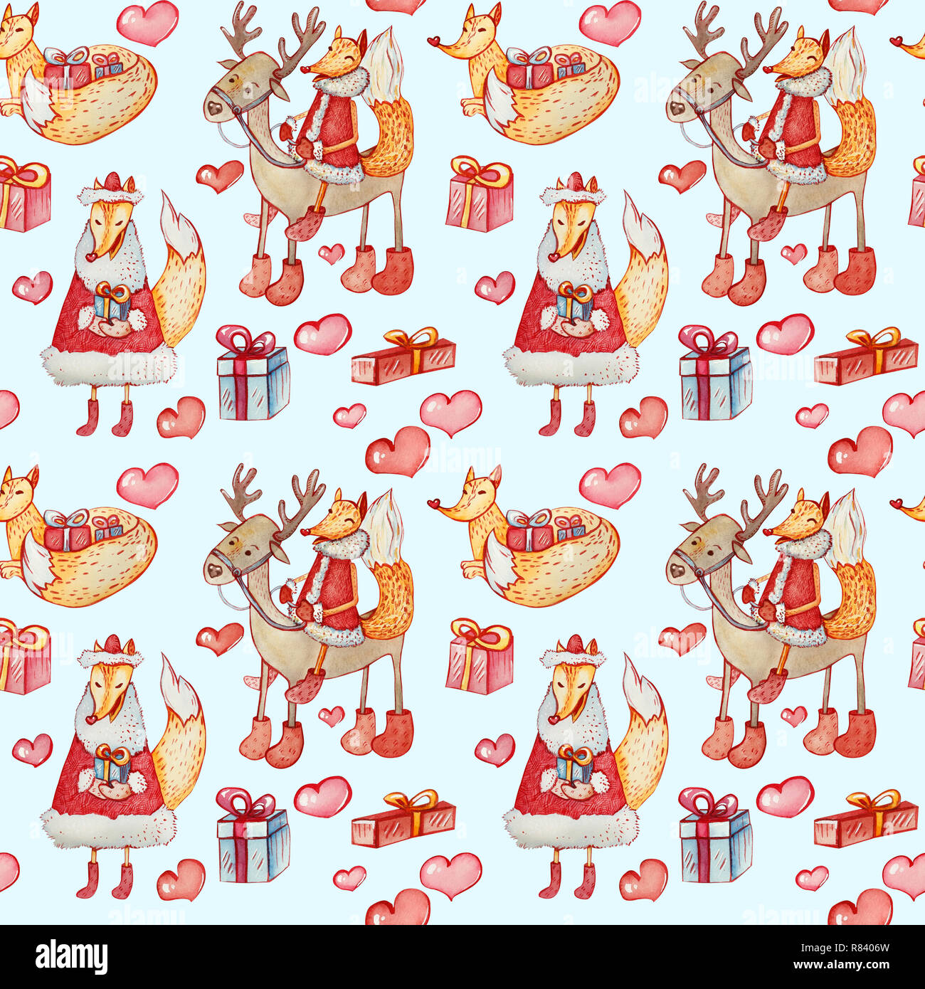 Nahtlose Muster mit einem Fuchs, Rotwild, mit einem Spaziergang und Lügen Fox mit Geschenken und Herzen. Aquarell Weihnachten Zeichen auf blauem Hintergrund. Stockfoto