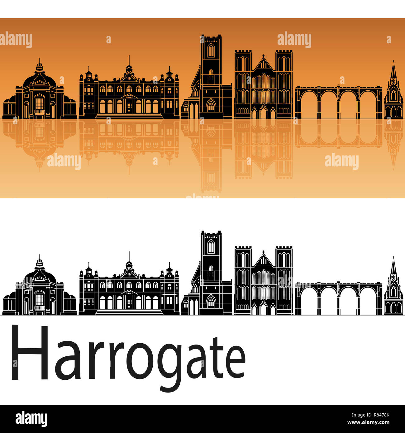 Harrogate Skyline in orange Hintergrund in bearbeitbaren Vektordatei Stockfoto