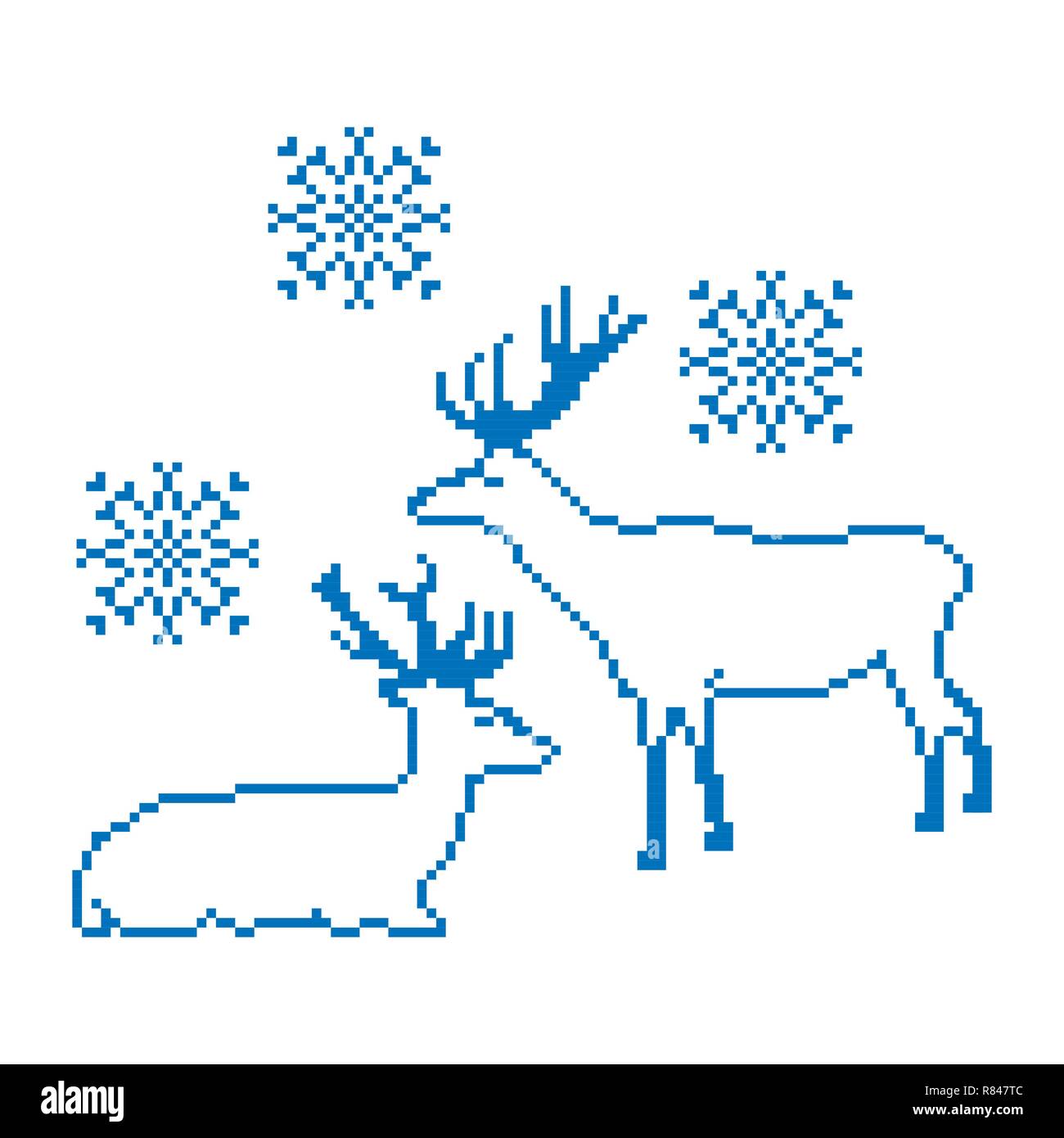 Scandinavian folk Einrichtung mit Hirsche und Schnee Flack. Nordic traditionelle Ornament, Vektor und Illustration Stock Vektor