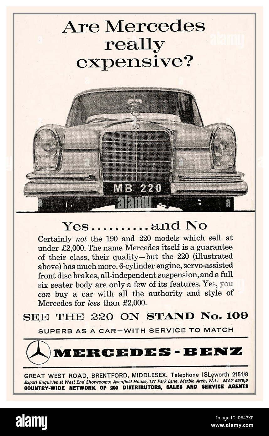 1964 Vintage historischen alten Mercedes 220 Drücken Sie Werbung für die Mercedes stand auf der UK Earls Court Motor Show Stockfoto