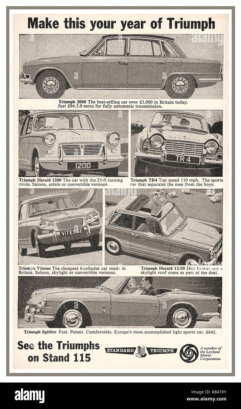 1964 Earls Court Motor Show drücken Sie Werbung für die British Leyland Triumph Standard KFZ-Bereich: Triumph 2000/Triumph Herald 1200 / Triumph TR 4 / Triumph Vitesse/Triumph Herald/Triumph Spitfire Stockfoto