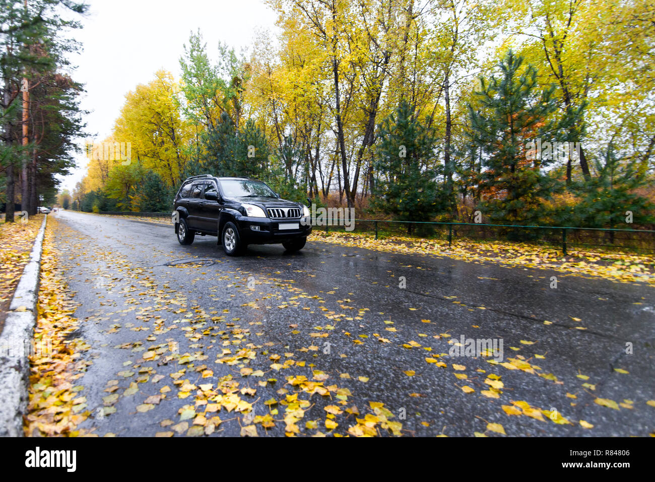 Schwarz japanische SUV auf Herbst Straße in regnerischen Tag Stockfoto